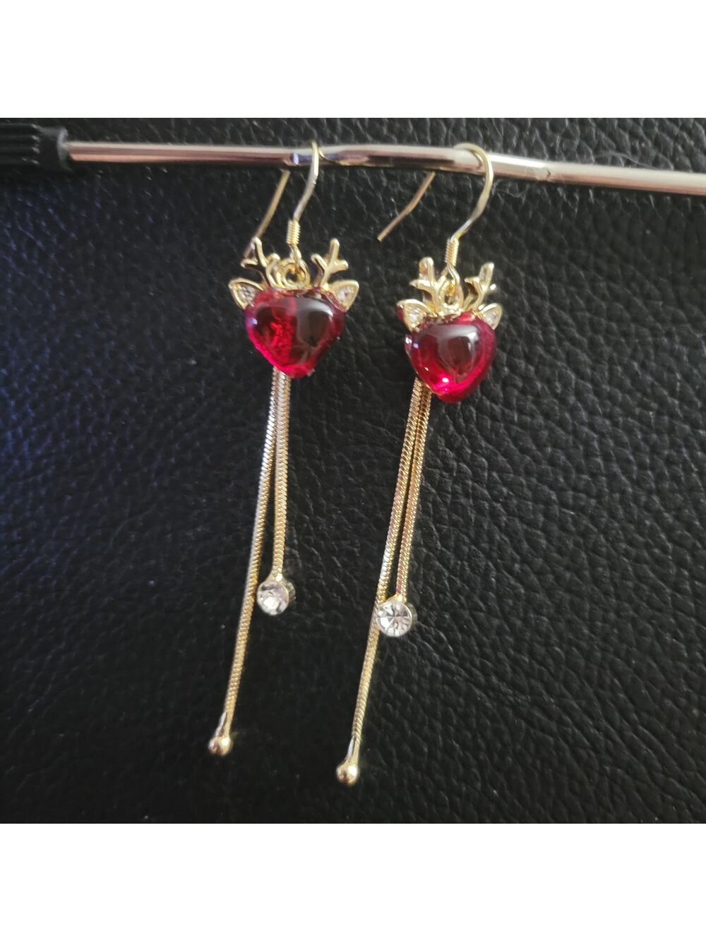 Rudolph the red nose reindeer christmas dangle earrings gold tone with crystals